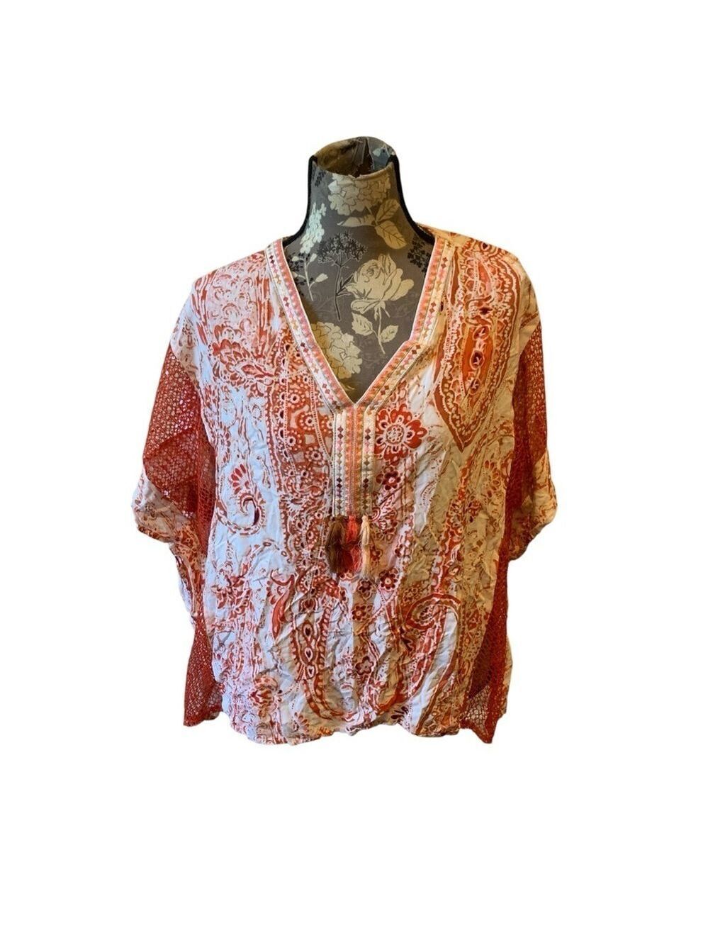 CHICOS Red and Coral Boho Poncho Shirt size L/XL